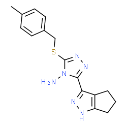 ChemSpider 2D Image | 3-[(4-Methylbenzyl)sulfanyl]-5-(1,4,5,6-tetrahydrocyclopenta[c]pyrazol-3-yl)-4H-1,2,4-triazol-4-amine | C16H18N6S