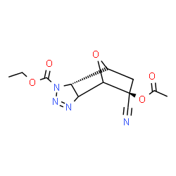 ChemSpider 2D Image | Ethyl (2S,8S)-8-acetoxy-8-cyano-10-oxa-3,4,5-triazatricyclo[5.2.1.0~2,6~]dec-4-ene-3-carboxylate | C12H14N4O5