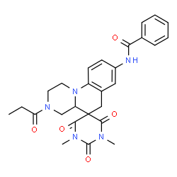 ChemSpider 2D Image | N-(1',3'-Dimethyl-2',4',6'-trioxo-3-propionyl-1',2,3,3',4,4',4a,6'-octahydro-1H,2'H,6H-spiro[pyrazino[1,2-a]quinoline-5,5'-pyrimidin]-8-yl)benzamide | C27H29N5O5