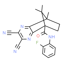 ChemSpider 2D Image | 4,5-Dicyano-N-(2-fluorophenyl)-8,11,11-trimethyl-3,6-diazatricyclo[6.2.1.0~2,7~]undeca-2,4,6-triene-1-carboxamide | C21H18FN5O