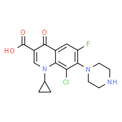 ChemSpider 2D Image | 8-Chloro-1-cyclopropyl-6-fluoro-4-oxo-7-(1-piperazinyl)-1,4-dihydro-3-quinolinecarboxylic acid | C17H17ClFN3O3