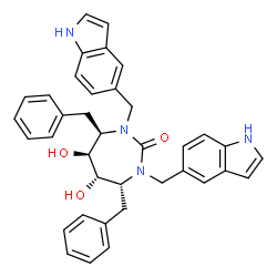 ChemSpider 2D Image | (4R,5S,6S,7R)-4,7-Dibenzyl-5,6-dihydroxy-1,3-bis(1H-indol-5-ylmethyl)-1,3-diazepan-2-one | C37H36N4O3