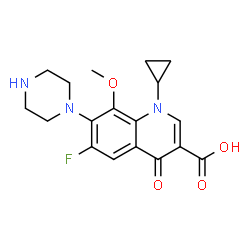 ChemSpider 2D Image | 1-cyclopropyl-6-fluoro-1,4-dihydro-8-methoxy-7-(1-piperazinyl)-4-oxo-3-quinolinecarboxylic acid | C18H20FN3O4