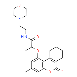 ChemSpider 2D Image | 2-[(3-Methyl-6-oxo-7,8,9,10-tetrahydro-6H-benzo[c]chromen-1-yl)oxy]-N-[2-(4-morpholinyl)ethyl]propanamide | C23H30N2O5