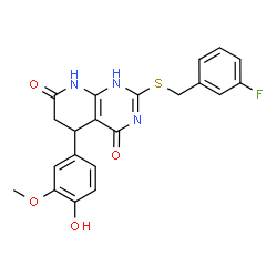 ChemSpider 2D Image | 2-[(3-Fluorobenzyl)sulfanyl]-5-(4-hydroxy-3-methoxyphenyl)-5,8-dihydropyrido[2,3-d]pyrimidine-4,7(1H,6H)-dione | C21H18FN3O4S