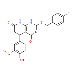 ChemSpider 2D Image | 2-[(4-Fluorobenzyl)sulfanyl]-5-(4-hydroxy-3-methoxyphenyl)-5,8-dihydropyrido[2,3-d]pyrimidine-4,7(1H,6H)-dione | C21H18FN3O4S