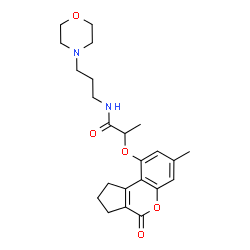 ChemSpider 2D Image | 2-[(7-Methyl-4-oxo-1,2,3,4-tetrahydrocyclopenta[c]chromen-9-yl)oxy]-N-[3-(4-morpholinyl)propyl]propanamide | C23H30N2O5