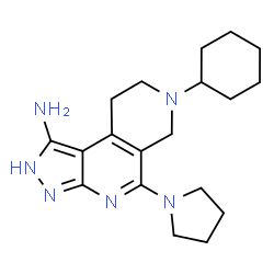 ChemSpider 2D Image | 7-Cyclohexyl-5-(1-pyrrolidinyl)-6,7,8,9-tetrahydro-2H-pyrazolo[3,4-c][2,7]naphthyridin-1-amine | C19H28N6