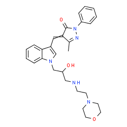 ChemSpider 2D Image | 4-{[1-(2-Hydroxy-3-{[2-(4-morpholinyl)ethyl]amino}propyl)-1H-indol-3-yl]methylene}-5-methyl-2-phenyl-2,4-dihydro-3H-pyrazol-3-one | C28H33N5O3