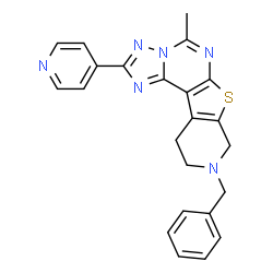 ChemSpider 2D Image | 9-Benzyl-5-methyl-2-(4-pyridinyl)-8,9,10,11-tetrahydropyrido[4',3':4,5]thieno[3,2-e][1,2,4]triazolo[1,5-c]pyrimidine | C23H20N6S