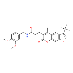 ChemSpider 2D Image | N-(3,4-Dimethoxybenzyl)-3-[5-methyl-3-(2-methyl-2-propanyl)-7-oxo-7H-furo[3,2-g]chromen-6-yl]propanamide | C28H31NO6