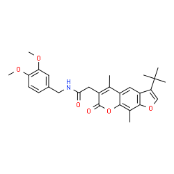ChemSpider 2D Image | 2-(3-tert-Butyl-5,9-dimethyl-7-oxo-7H-furo[3,2-g]chromen-6-yl)-N-(3,4-dimethoxybenzyl)acetamide | C28H31NO6