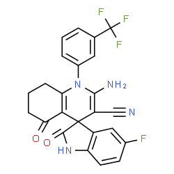 ChemSpider 2D Image | 2'-Amino-5-fluoro-2,5'-dioxo-1'-[3-(trifluoromethyl)phenyl]-1,2,5',6',7',8'-hexahydro-1'H-spiro[indole-3,4'-quinoline]-3'-carbonitrile | C24H16F4N4O2