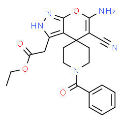ChemSpider 2D Image | Ethyl (6'-amino-1-benzoyl-5'-cyano-2'H-spiro[piperidine-4,4'-pyrano[2,3-c]pyrazol]-3'-yl)acetate | C22H23N5O4