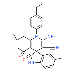 ChemSpider 2D Image | 2'-Amino-1'-(4-ethylphenyl)-5,7',7'-trimethyl-2,5'-dioxo-1,2,5',6',7',8'-hexahydro-1'H-spiro[indole-3,4'-quinoline]-3'-carbonitrile | C28H28N4O2