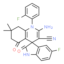 ChemSpider 2D Image | 2'-Amino-5-fluoro-1'-(2-fluorophenyl)-7',7'-dimethyl-2,5'-dioxo-1,2,5',6',7',8'-hexahydro-1'H-spiro[indole-3,4'-quinoline]-3'-carbonitrile | C25H20F2N4O2