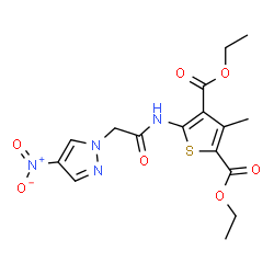ChemSpider 2D Image | Diethyl 3-methyl-5-{[(4-nitro-1H-pyrazol-1-yl)acetyl]amino}-2,4-thiophenedicarboxylate | C16H18N4O7S