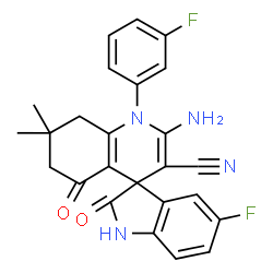 ChemSpider 2D Image | 2'-Amino-5-fluoro-1'-(3-fluorophenyl)-7',7'-dimethyl-2,5'-dioxo-1,2,5',6',7',8'-hexahydro-1'H-spiro[indole-3,4'-quinoline]-3'-carbonitrile | C25H20F2N4O2
