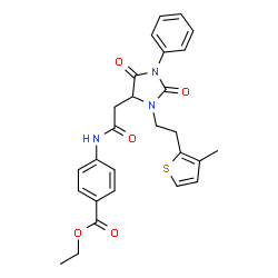 ChemSpider 2D Image | Ethyl 4-[({3-[2-(3-methyl-2-thienyl)ethyl]-2,5-dioxo-1-phenyl-4-imidazolidinyl}acetyl)amino]benzoate | C27H27N3O5S