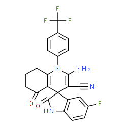 ChemSpider 2D Image | 2'-Amino-5-fluoro-2,5'-dioxo-1'-[4-(trifluoromethyl)phenyl]-1,2,5',6',7',8'-hexahydro-1'H-spiro[indole-3,4'-quinoline]-3'-carbonitrile | C24H16F4N4O2