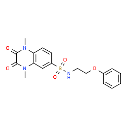 ChemSpider 2D Image | 1,4-Dimethyl-2,3-dioxo-N-(2-phenoxyethyl)-1,2,3,4-tetrahydro-6-quinoxalinesulfonamide | C18H19N3O5S