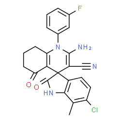 ChemSpider 2D Image | 2'-Amino-6-chloro-1'-(3-fluorophenyl)-7-methyl-2,5'-dioxo-1,2,5',6',7',8'-hexahydro-1'H-spiro[indole-3,4'-quinoline]-3'-carbonitrile | C24H18ClFN4O2