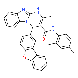 ChemSpider 2D Image | 4-(Dibenzo[b,d]furan-2-yl)-N-(2,4-dimethylphenyl)-2-methyl-1,4-dihydropyrimido[1,2-a]benzimidazole-3-carboxamide | C32H26N4O2