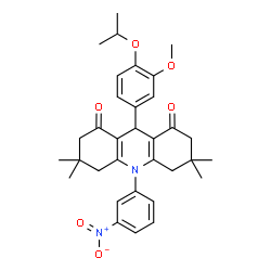 ChemSpider 2D Image | 9-(4-Isopropoxy-3-methoxyphenyl)-3,3,6,6-tetramethyl-10-(3-nitrophenyl)-3,4,6,7,9,10-hexahydro-1,8(2H,5H)-acridinedione | C33H38N2O6