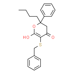 ChemSpider 2D Image | 5-(Benzylsulfanyl)-2-butyl-6-hydroxy-2-phenyl-2,3-dihydro-4H-pyran-4-one | C22H24O3S