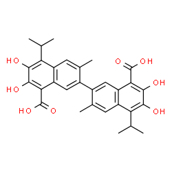 ChemSpider 2D Image | 6,6',7,7'-Tetrahydroxy-5,5'-diisopropyl-3,3'-dimethyl-2,2'-binaphthalene-8,8'-dicarboxylic acid | C30H30O8