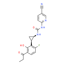 ChemSpider 2D Image | 1-(5-Cyano-2-pyridinyl)-3-[(1R,2R)-2-(6-fluoro-2-hydroxy-3-propionylphenyl)cyclopropyl]urea | C19H17FN4O3