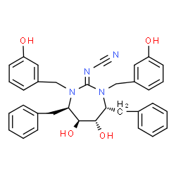 ChemSpider 2D Image | [(4R,5S,6S,7R)-4,7-Dibenzyl-5,6-dihydroxy-1,3-bis(3-hydroxybenzyl)-1,3-diazepan-2-ylidene]cyanamide | C34H34N4O4