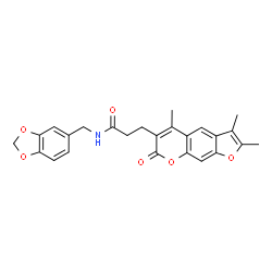 ChemSpider 2D Image | N-(1,3-Benzodioxol-5-ylmethyl)-3-(2,3,5-trimethyl-7-oxo-7H-furo[3,2-g]chromen-6-yl)propanamide | C25H23NO6