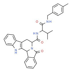 ChemSpider 2D Image | N-{3-Methyl-1-[(4-methylbenzyl)amino]-1-oxo-2-butanyl}-5-oxo-7,8,13,13b-tetrahydro-5H-benzo[1,2]indolizino[8,7-b]indole-7-carboxamide | C32H32N4O3