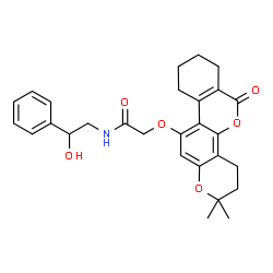 ChemSpider 2D Image | 2-[(2,2-Dimethyl-6-oxo-3,4,7,8,9,10-hexahydro-2H,6H-benzo[c]pyrano[2,3-h]chromen-11-yl)oxy]-N-(2-hydroxy-2-phenylethyl)acetamide | C28H31NO6