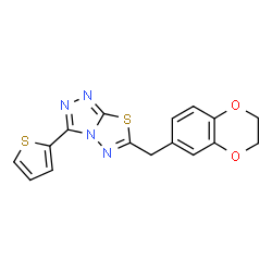 ChemSpider 2D Image | 6-(2,3-Dihydro-1,4-benzodioxin-6-ylmethyl)-3-(2-thienyl)[1,2,4]triazolo[3,4-b][1,3,4]thiadiazole | C16H12N4O2S2