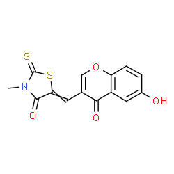 ChemSpider 2D Image | 5-[(6-Hydroxy-4-oxo-4H-chromen-3-yl)methylene]-3-methyl-2-thioxo-1,3-thiazolidin-4-one | C14H9NO4S2
