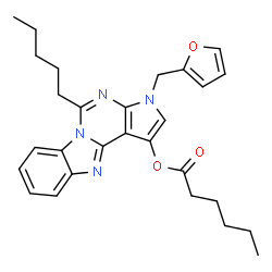 ChemSpider 2D Image | 3-(2-Furylmethyl)-5-pentyl-3H-pyrrolo[2',3':4,5]pyrimido[1,6-a]benzimidazol-1-yl hexanoate | C28H32N4O3