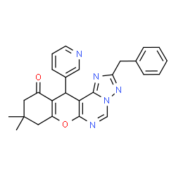 ChemSpider 2D Image | 2-Benzyl-9,9-dimethyl-12-(3-pyridinyl)-8,9,10,12-tetrahydro-11H-chromeno[3,2-e][1,2,4]triazolo[1,5-c]pyrimidin-11-one | C26H23N5O2