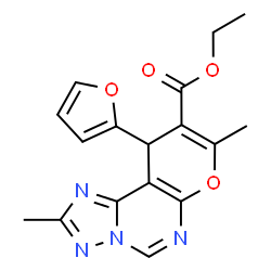 ChemSpider 2D Image | Ethyl 10-(2-furyl)-2,8-dimethyl-10H-pyrano[3,2-e][1,2,4]triazolo[1,5-c]pyrimidine-9-carboxylate | C17H16N4O4