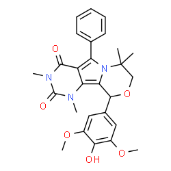 ChemSpider 2D Image | 10-(4-Hydroxy-3,5-dimethoxyphenyl)-1,3,7,7-tetramethyl-5-phenyl-1,7,8,10-tetrahydro-2H-pyrimido[4',5':3,4]pyrrolo[2,1-c][1,4]oxazine-2,4(3H)-dione | C27H29N3O6