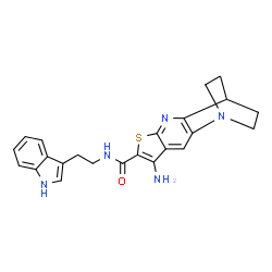 ChemSpider 2D Image | 5-Amino-N-[2-(1H-indol-3-yl)ethyl]-7-thia-1,9-diazatetracyclo[9.2.2.0~2,10~.0~4,8~]pentadeca-2(10),3,5,8-tetraene-6-carboxamide | C23H23N5OS