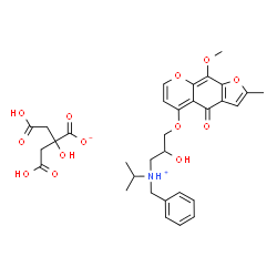 ChemSpider 2D Image | N-Benzyl-2-hydroxy-N-isopropyl-3-[(9-methoxy-2-methyl-4-oxo-4H-furo[3,2-g]chromen-5-yl)oxy]-1-propanaminium 3-carboxy-2-(carboxymethyl)-2-hydroxypropanoate | C32H37NO13