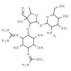 ChemSpider 2D Image | 2-O-{2,4-Bis[(diaminomethylene)amino]-3,5,6-trihydroxycyclohexyl}-5-deoxy-3-C-formylpentofuranosyl 2-deoxy-2-(methylamino)hexopyranoside | C21H39N7O12
