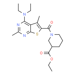 ChemSpider 2D Image | Ethyl 1-{[4-(diethylamino)-2,5-dimethylthieno[2,3-d]pyrimidin-6-yl]carbonyl}-3-piperidinecarboxylate | C21H30N4O3S