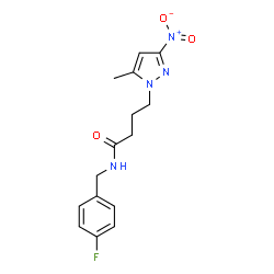 ChemSpider 2D Image | N-(4-Fluorobenzyl)-4-(5-methyl-3-nitro-1H-pyrazol-1-yl)butanamide | C15H17FN4O3