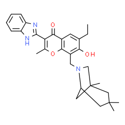 ChemSpider 2D Image | 3-(1H-Benzimidazol-2-yl)-6-ethyl-7-hydroxy-2-methyl-8-[(1,3,3-trimethyl-6-azabicyclo[3.2.1]oct-6-yl)methyl]-4H-chromen-4-one | C30H35N3O3