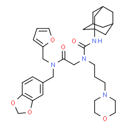 ChemSpider 2D Image | N~2~-(Adamantan-1-ylcarbamoyl)-N-(1,3-benzodioxol-5-ylmethyl)-N-(2-furylmethyl)-N~2~-[3-(4-morpholinyl)propyl]glycinamide | C33H44N4O6