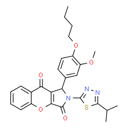 ChemSpider 2D Image | 1-(4-Butoxy-3-methoxyphenyl)-2-(5-isopropyl-1,3,4-thiadiazol-2-yl)-1,2-dihydrochromeno[2,3-c]pyrrole-3,9-dione | C27H27N3O5S