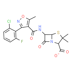 ChemSpider 2D Image | 6-({[3-(2-Chloro-6-fluorophenyl)-5-methyl-1,2-oxazol-4-yl]carbonyl}amino)-3,3-dimethyl-7-oxo-4-thia-1-azabicyclo[3.2.0]heptane-2-carboxylate | C19H16ClFN3O5S